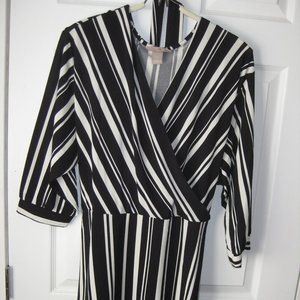 Wrap-front style, belted, 3/4 balloon sleeve, striped blouse